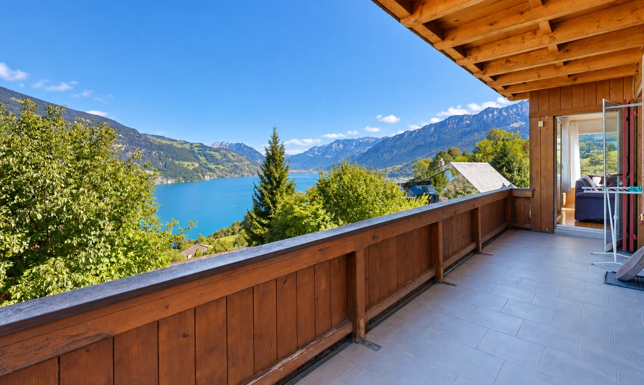balcony with a water and mountain view