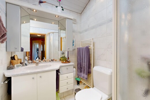 salle de bains avec chauffe-serviettes, radiateur, toilette, mur en carrelage, et tile wall