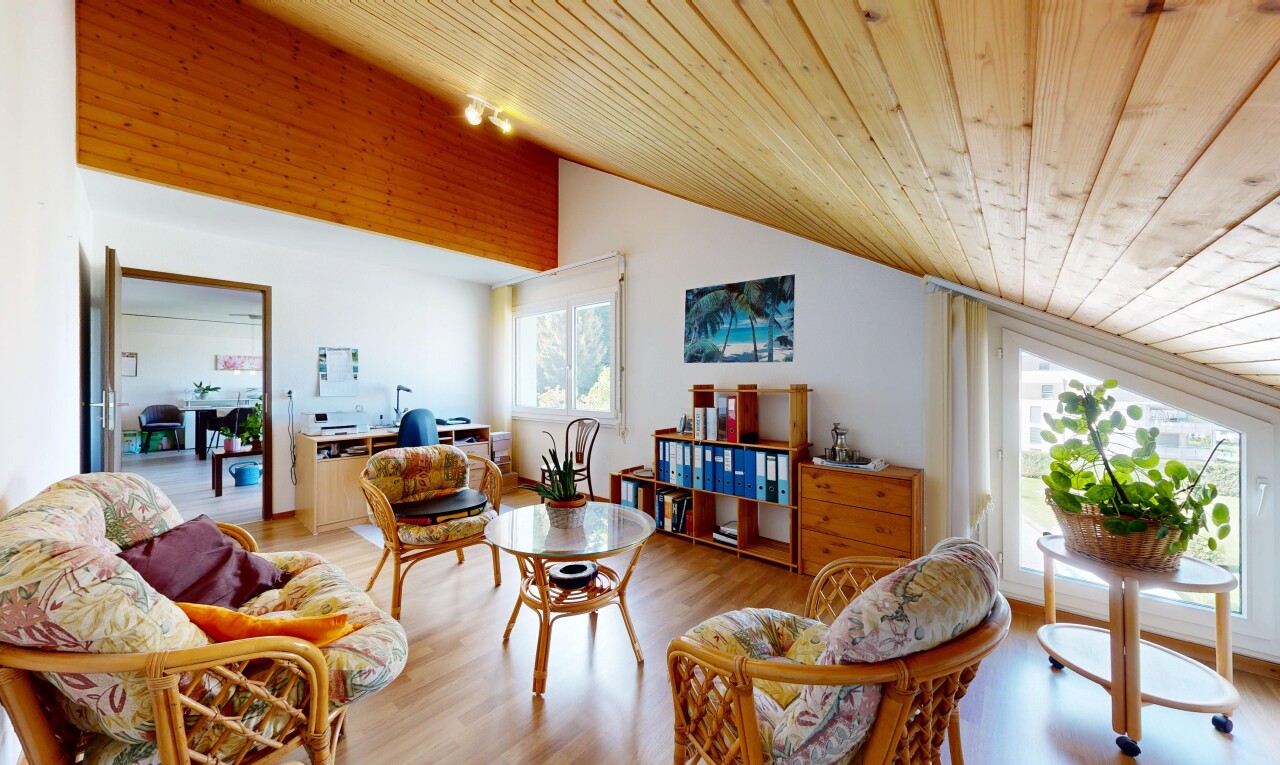 salon avec plafond voûté, vaulted ceiling, plafond en bois, wood ceiling, et sol en finition bois