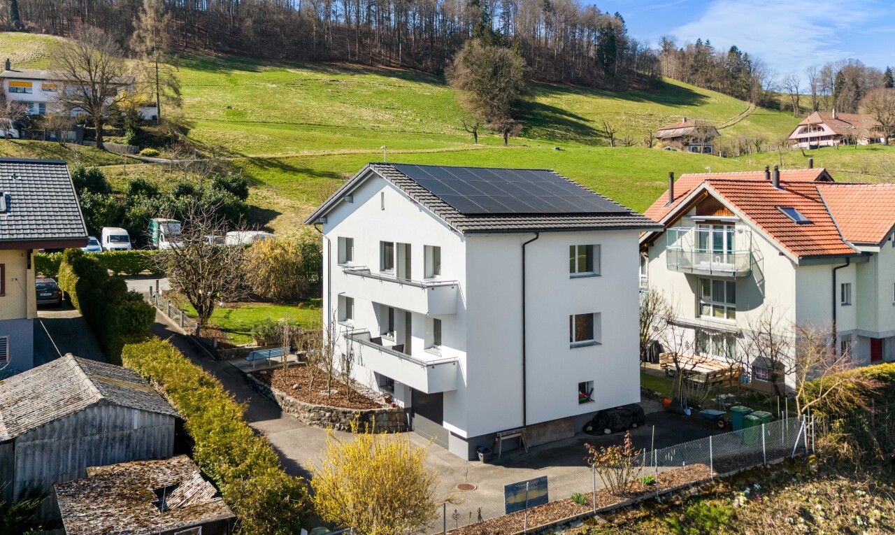 außenansicht mit solaranlage, rasen, und stuckverkleidung