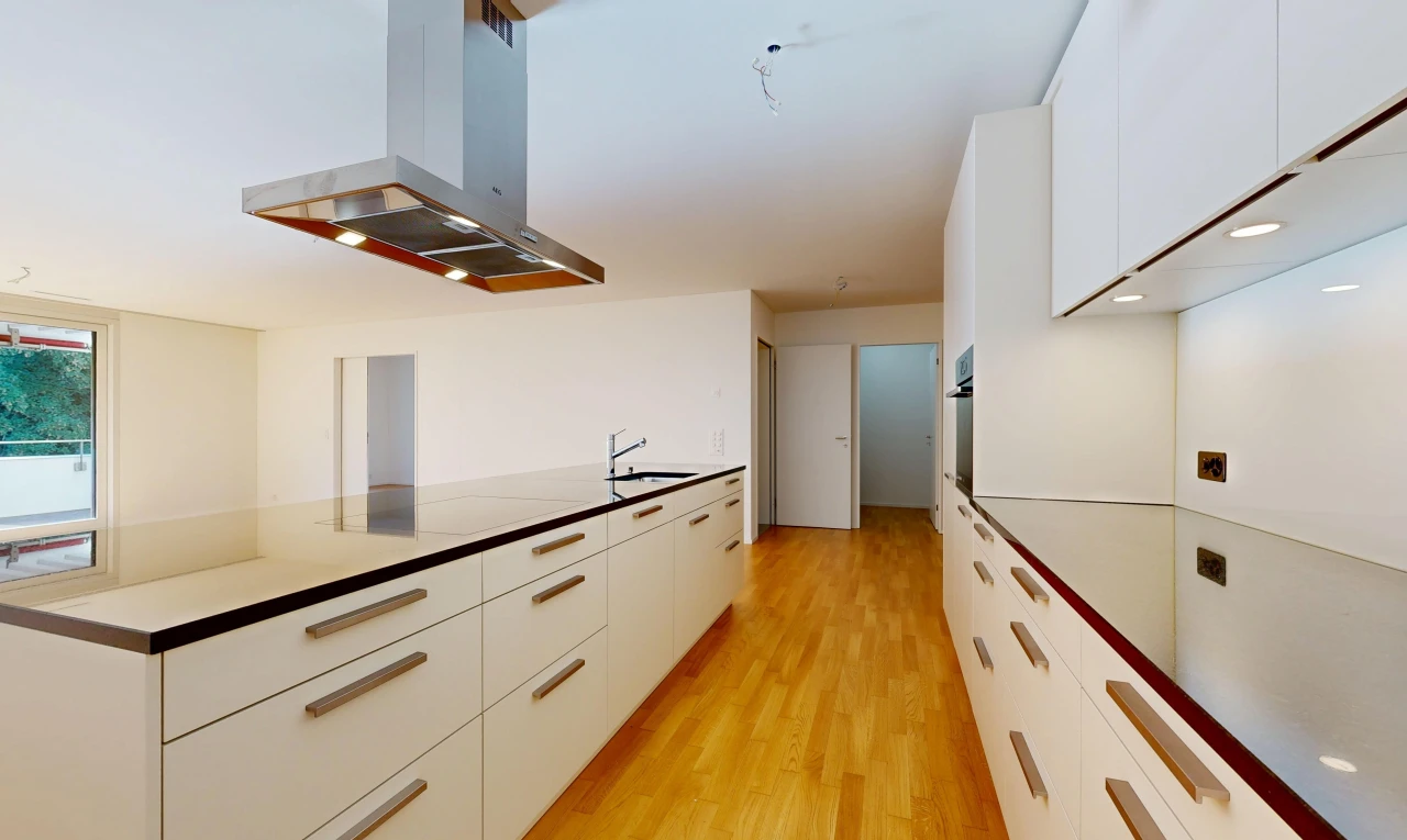 cuisine avec hotte, light floor, flat panel cabinets, armoires à panneau plat, et white cabinets