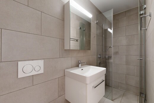 salle de bains avec douche, lavabo (ou coiffeuse selon le contexte), salle de bain complète, miroir, et light floor