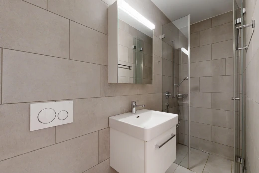 salle de bains avec douche, lavabo (ou coiffeuse selon le contexte), salle de bain complète, miroir, et light floor