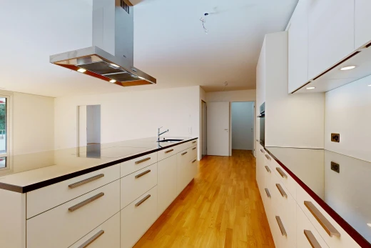 cuisine avec hotte, light floor, flat panel cabinets, armoires à panneau plat, et white cabinets