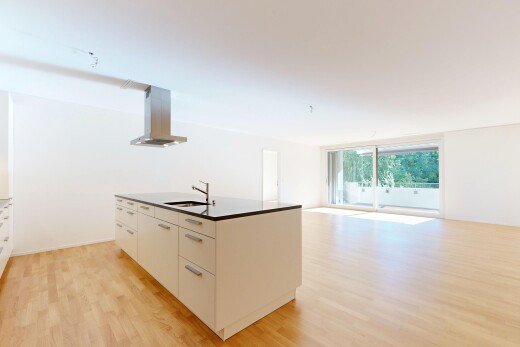 cuisine avec hotte, kitchen island, îlot de cuisine, kitchen island sink, et opens to living area