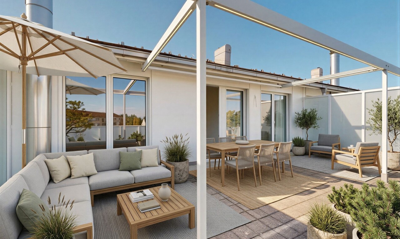 terrasse avec espace de vie extérieur, coin repas extérieur, day time, property visible, et terrasse