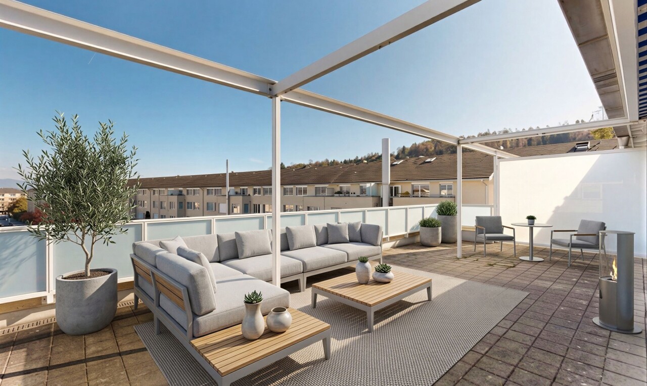 terrasse avec terrasse, from property, virtually staged, day time, et espace de vie extérieur