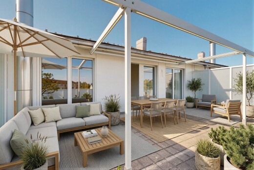 terrasse avec espace de vie extérieur, coin repas extérieur, day time, property visible, et terrasse