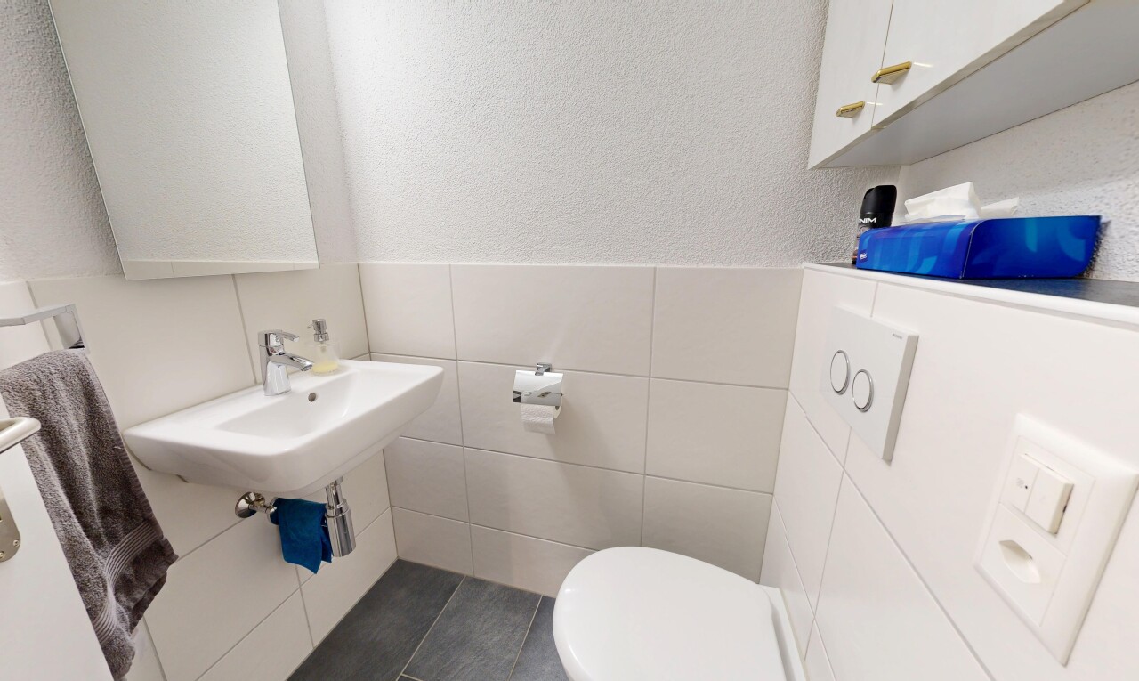 bad mit tile wall, fliesenwand, toilette, gäste-wc, und spiegel