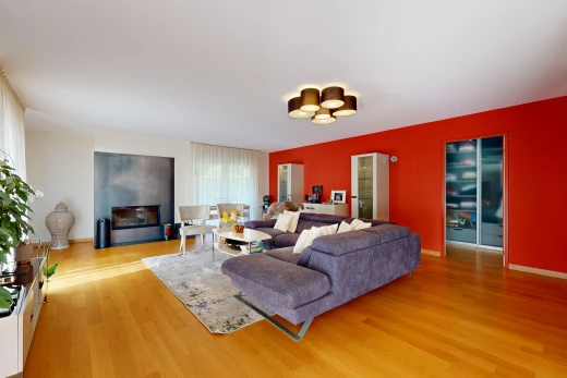 salon avec cheminée, lumière naturelle, et plancher de bois