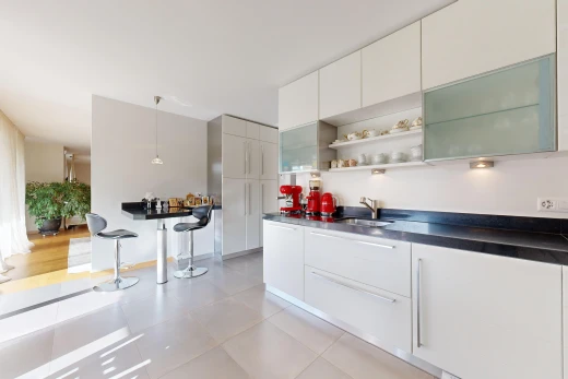 cuisine avec plan de travail, meubles à panneaux plats, et meubles blancs