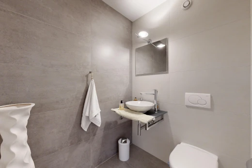 salle de bains avec miroir, vasque, mur carrelé, et toilettes