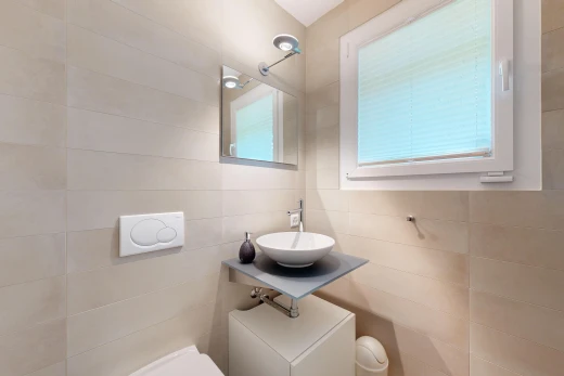 salle de bains avec lumière naturelle, miroir, vasque, toilettes, et mur carrelé