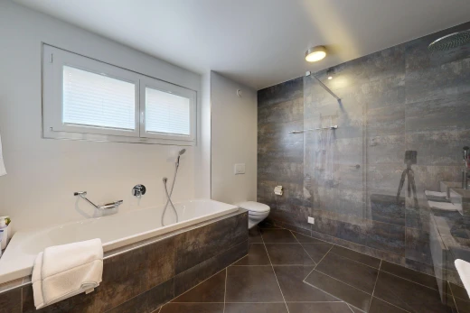 salle de bains avec lumière naturelle, toilettes, carrelage, baignoire, et douche