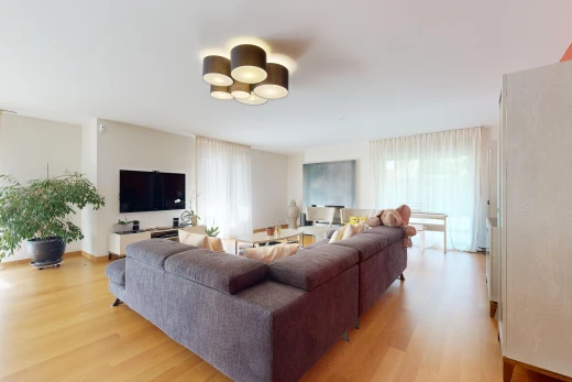 salon avec plancher de bois, télévision, et lumière naturelle