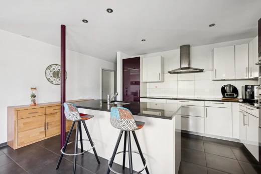 küche mit dark floor, dark countertops, dunstabzugshaube, schränke mit flachen paneelen, und flat panel cabinets