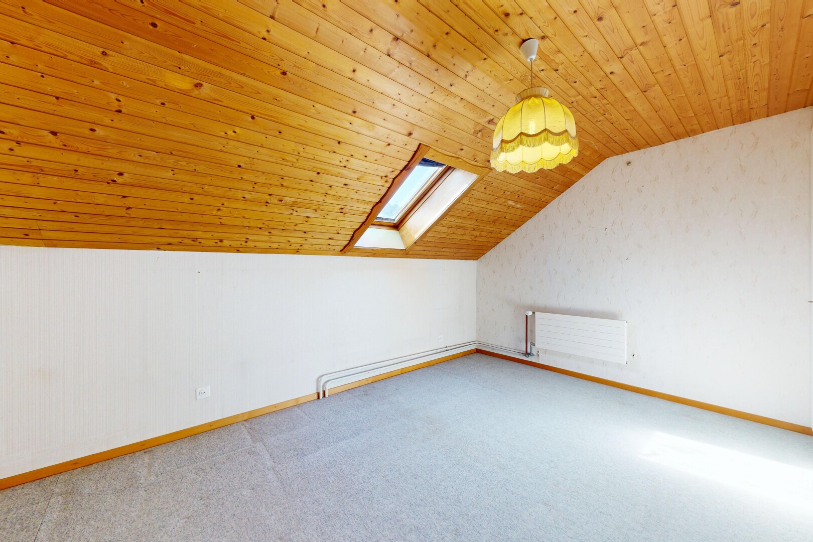 leerer raum mit dachfenster, carpet, teppich, zusätzliches zimmer, und vaulted ceiling