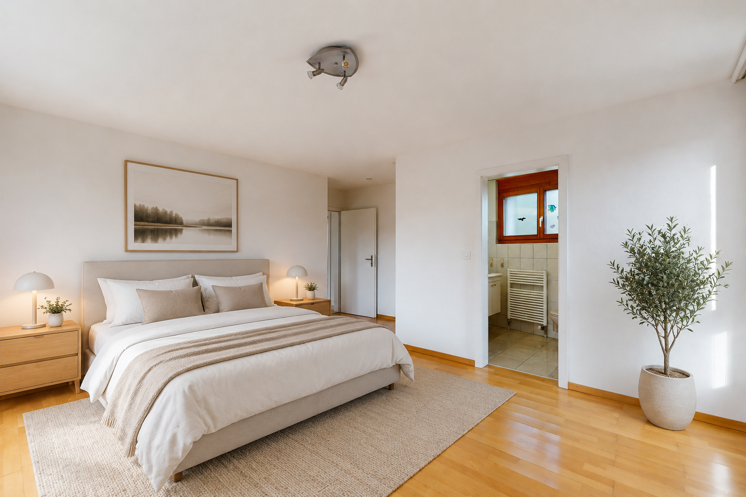 zimmer / schlafzimmer mit drywall, gipskartonwand, wood finish floor, holzfußboden, und light floor