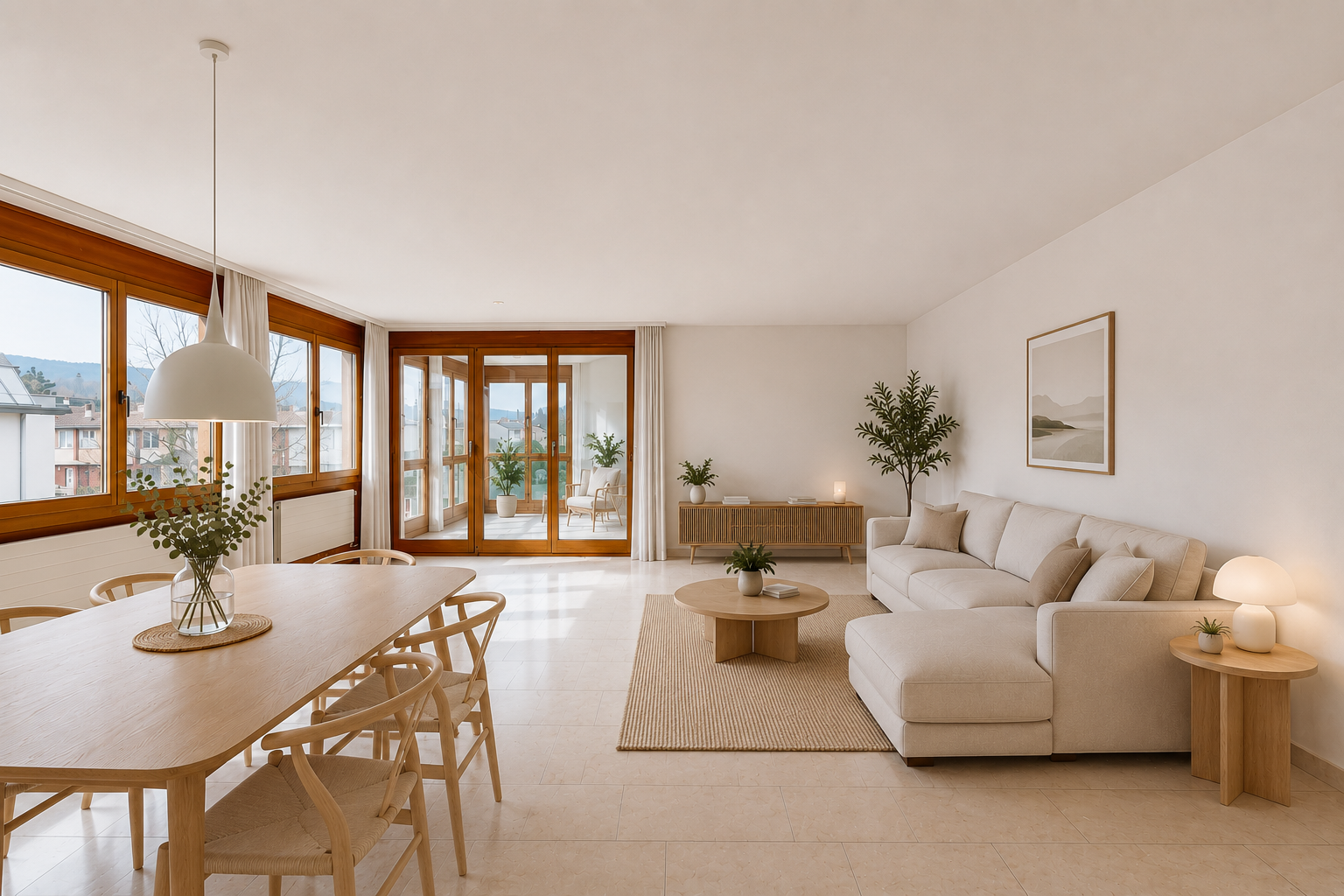 wohn- / esszimmer mit pendelleuchte, drywall, gipskartonwand, inside property, und virtually staged