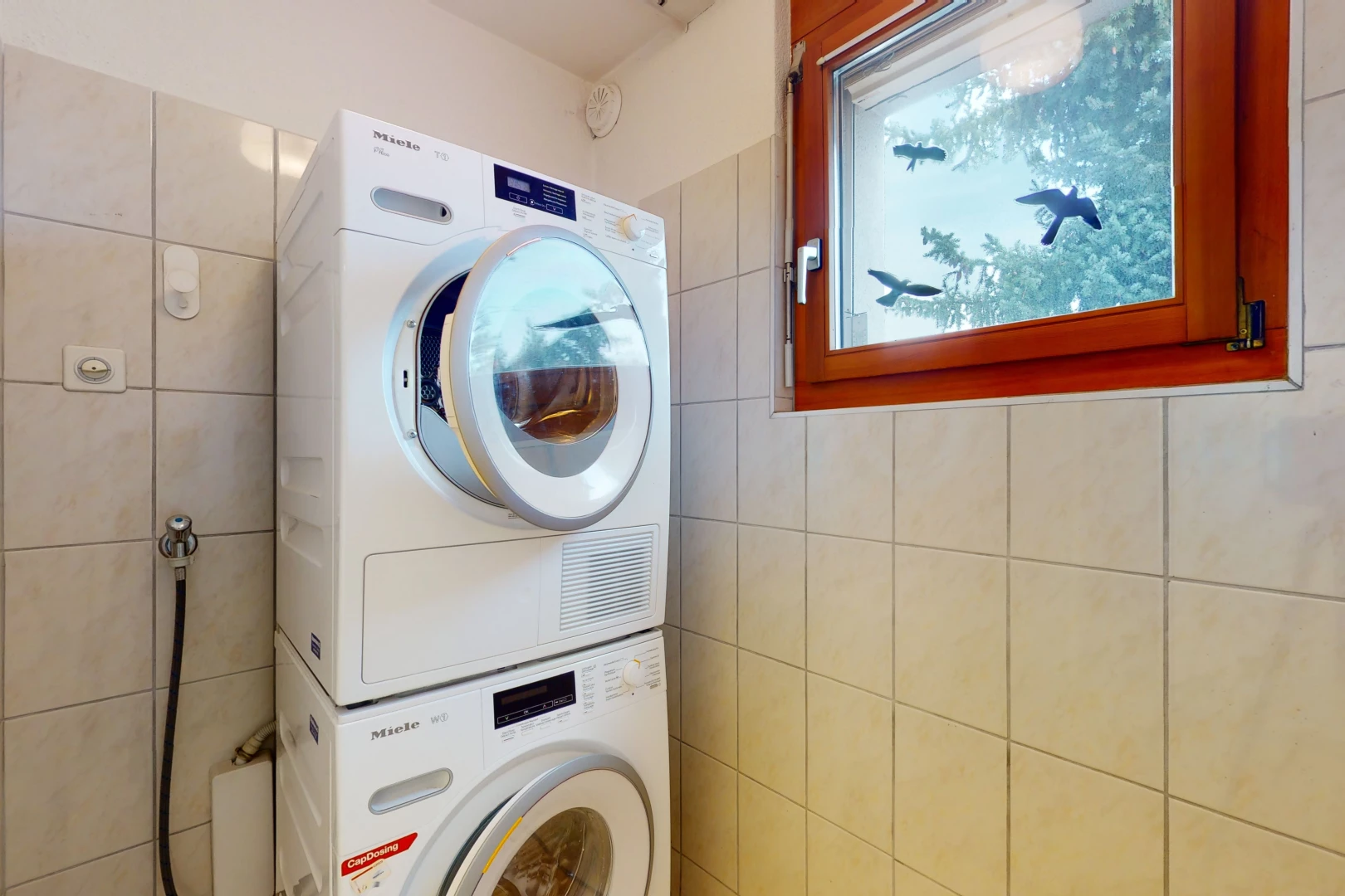 badezimmer mit natürlicher licht und separater waschmaschine und trockner