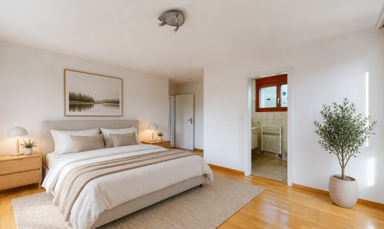zimmer / schlafzimmer mit drywall, gipskartonwand, wood finish floor, holzfußboden, und light floor