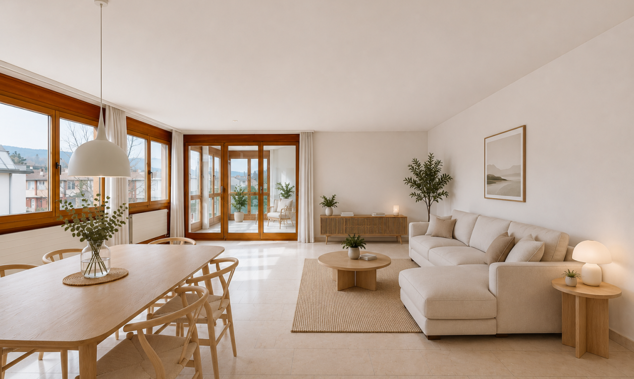 wohn- / esszimmer mit pendelleuchte, drywall, gipskartonwand, inside property, und virtually staged