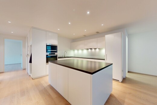 küche mit weiße schränke, l-förmige küche, schränke mit flachen paneelen, arbeitsplatten, und kücheninsel