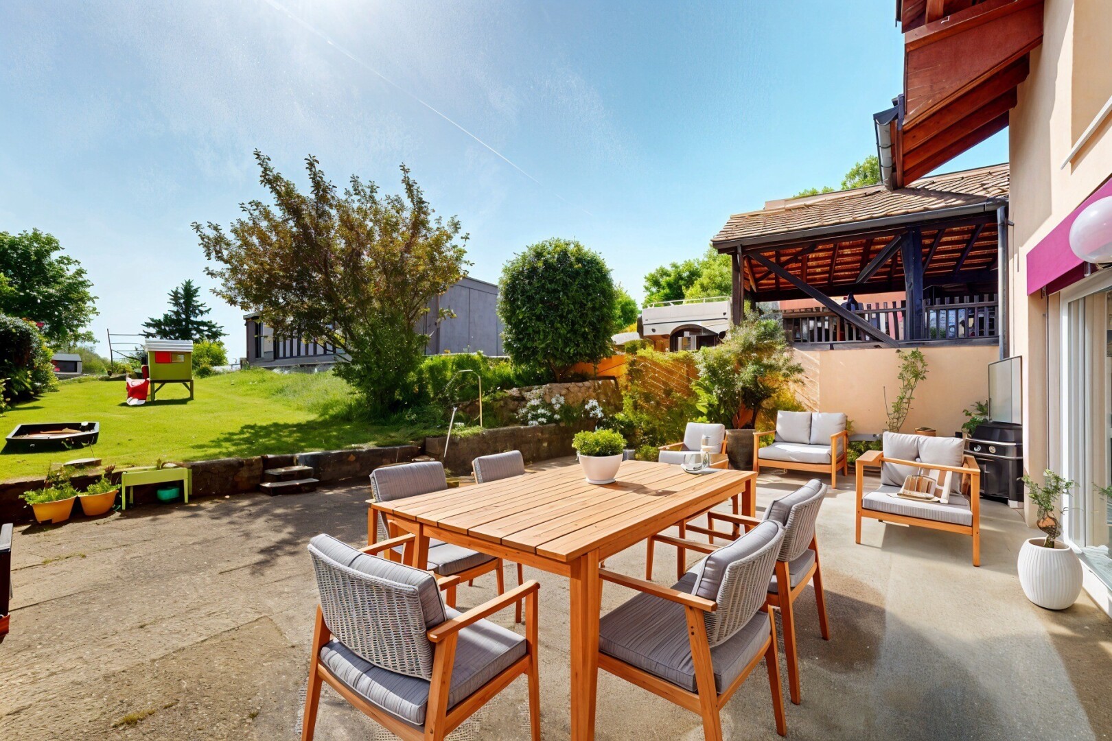 terrasse mit terrasse und essbereich im freien