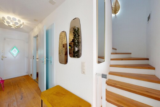 treppe mit holzfußboden, treppen, gipskartonwand, und lüftungsgitter