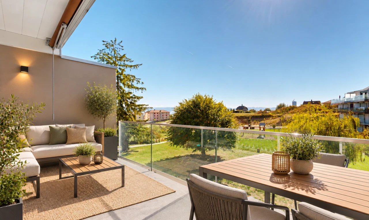 terrasse avec pelouse, from property, day time, balcon, et view focus