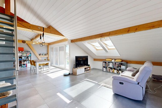 salon / salle à manger avec escaliers, puits de lumière, télévision, vaulted ceiling, et plafond voûté