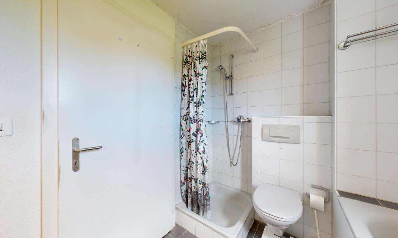 bad mit komplettes badezimmer, dusche, inside property, fliesenwand, und tile wall