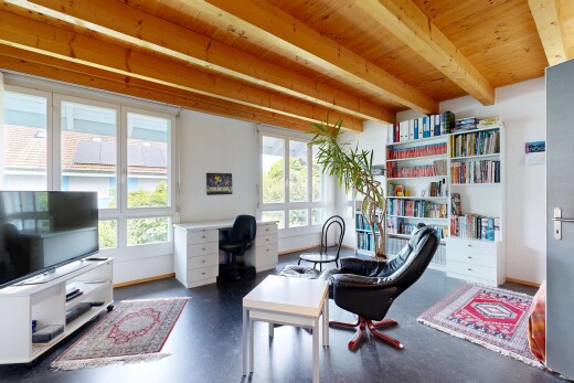 büro mit finished concrete floor, betonboden, concrete floor, dark floor, und fernseher