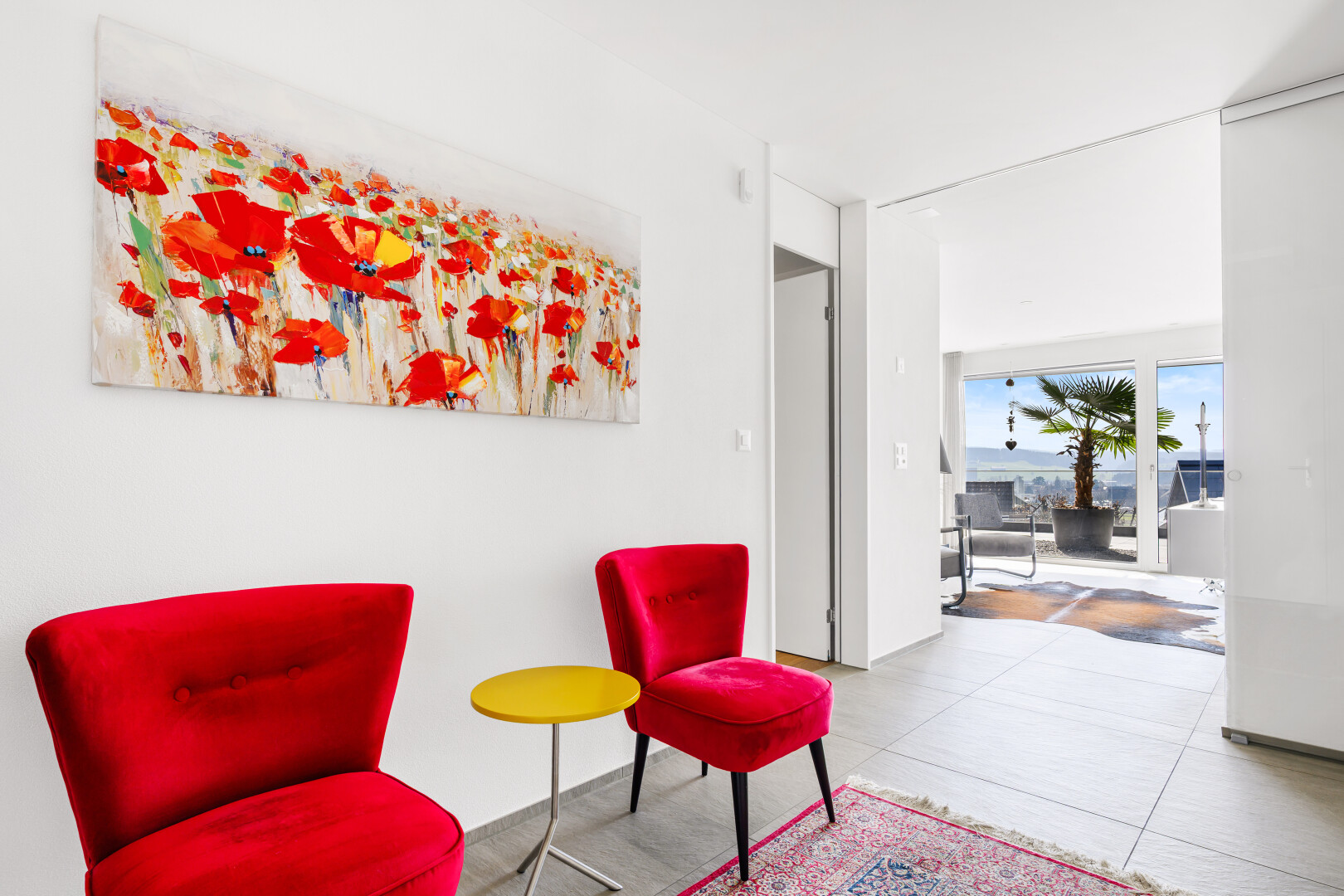 living room featuring light tile patterned flooring