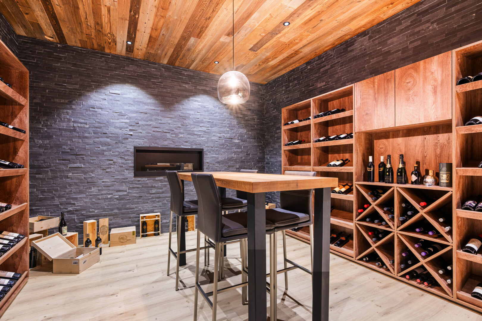 cellar with wood finished floors and wood ceiling