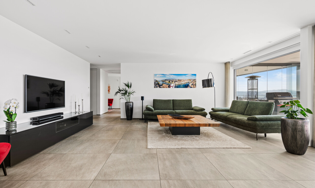 wohnzimmer mit fernseher, drywall, gipskartonwand, concrete tile, und inside property