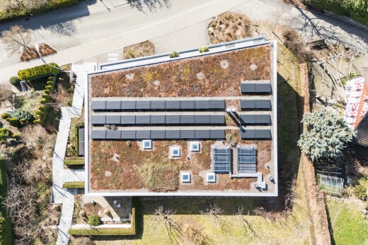 view of home featuring roof mounted solar panels