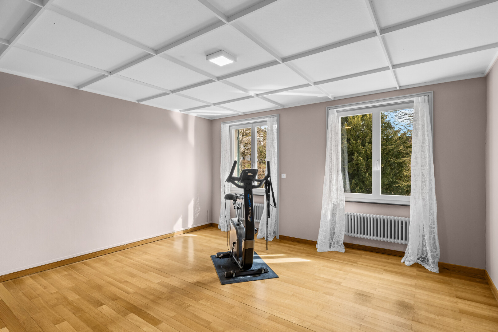 gym avec coffered ceiling, plafond à caissons, radiateur, wood finish floor, et sol en finition bois