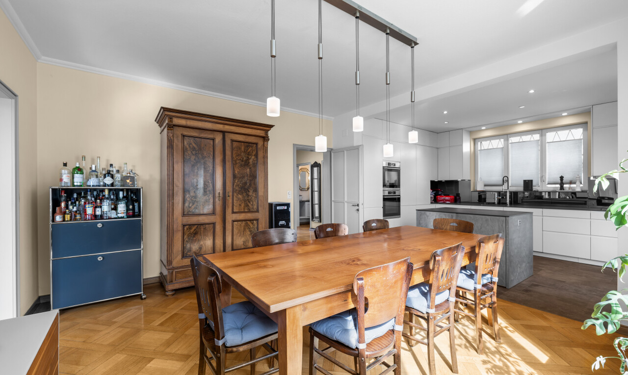 dining room with parquet floors