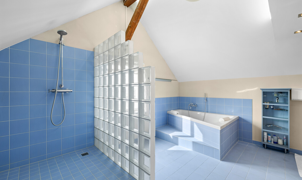 full bathroom with vaulted ceiling with beams, tile patterned floors, tiled shower, and a garden tub
