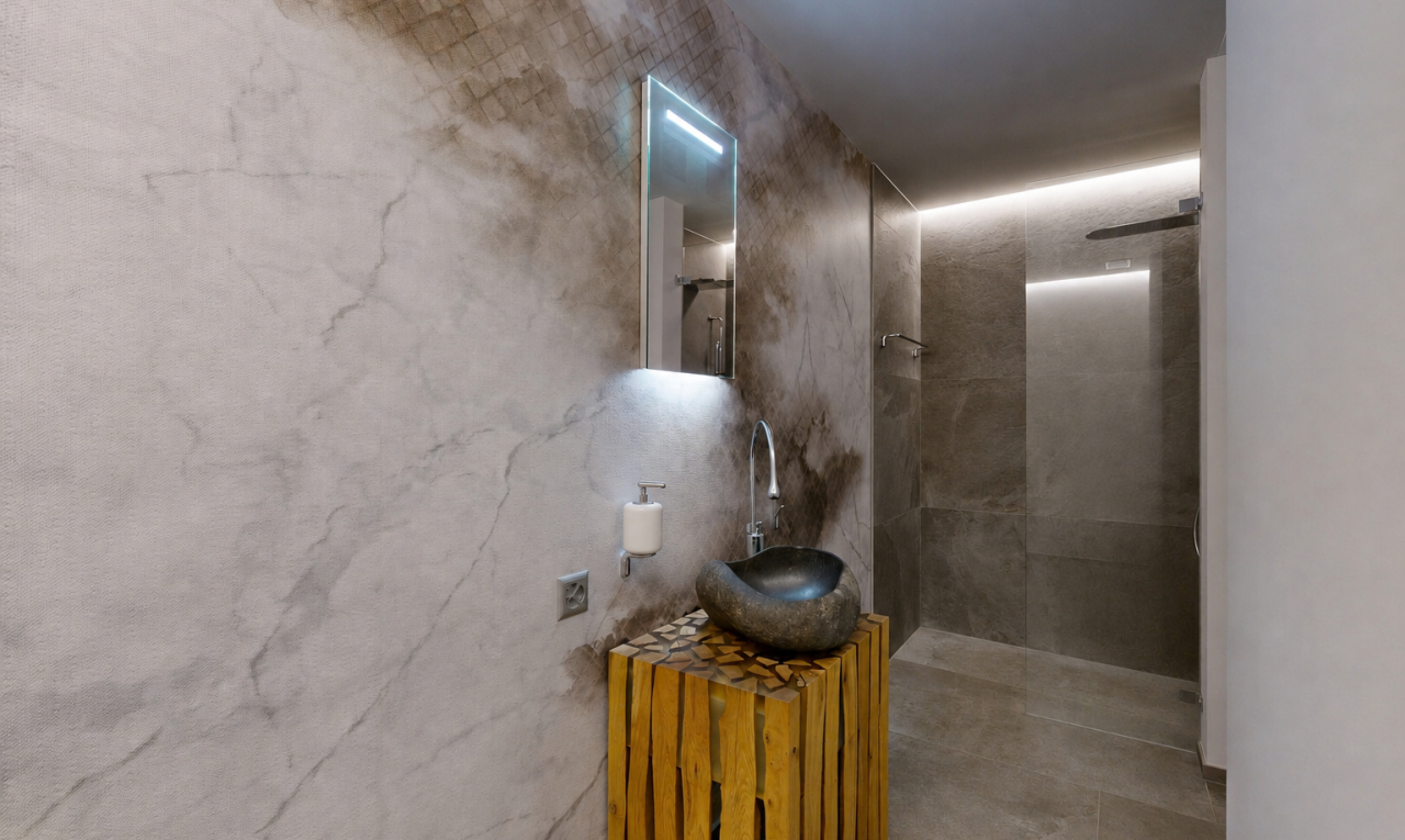 bad mit dusche, schminktisch, spiegel, waschbecken, und inside property