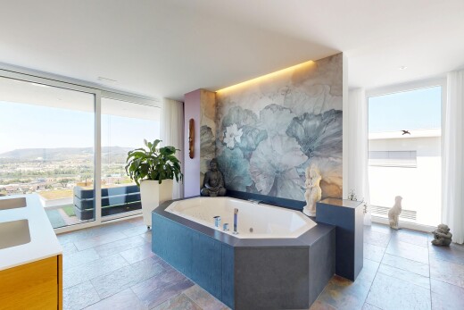 bad mit day time, komplettes badezimmer, stone finish floor, steinboden, und doppelwaschtisch