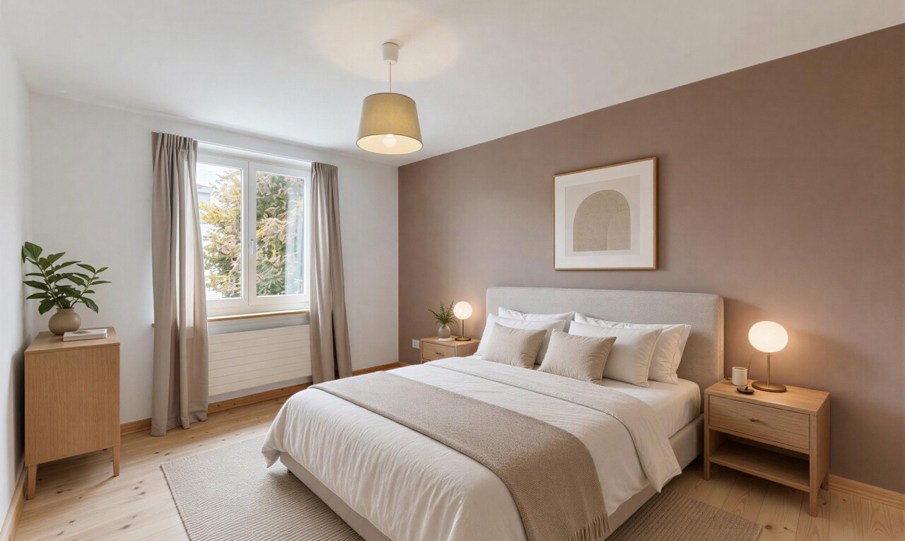 chambre avec éclairage suspendu, inside property, drywall, cloison sèche, et lumière naturelle