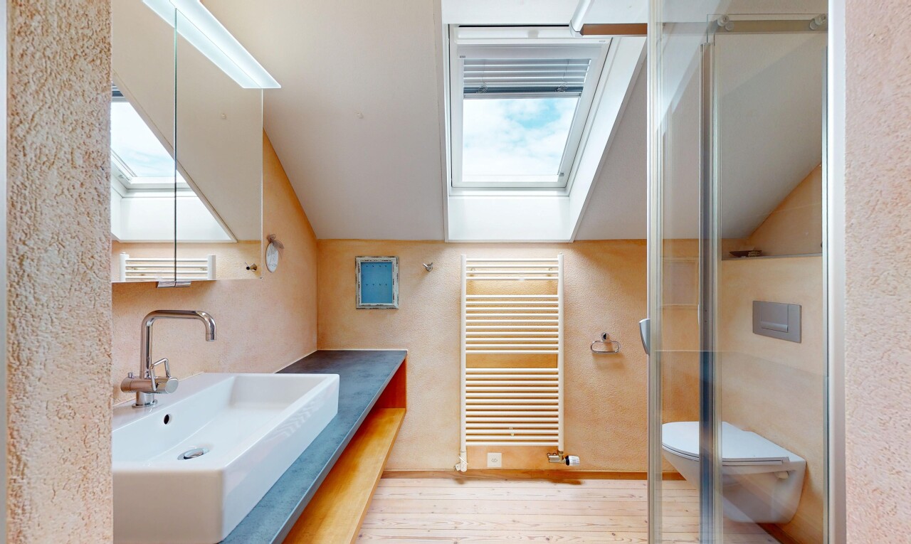 salle de bains avec douche, miroir, évier, salle de bain complète, et radiateur
