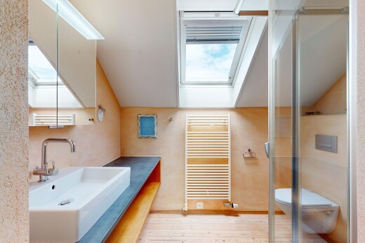 salle de bains avec douche, miroir, évier, salle de bain complète, et radiateur