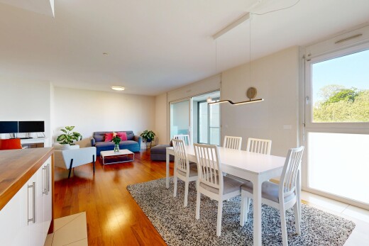 wohn- / esszimmer mit gipskartonwand, natürliches licht, fernseher, und holzfußboden