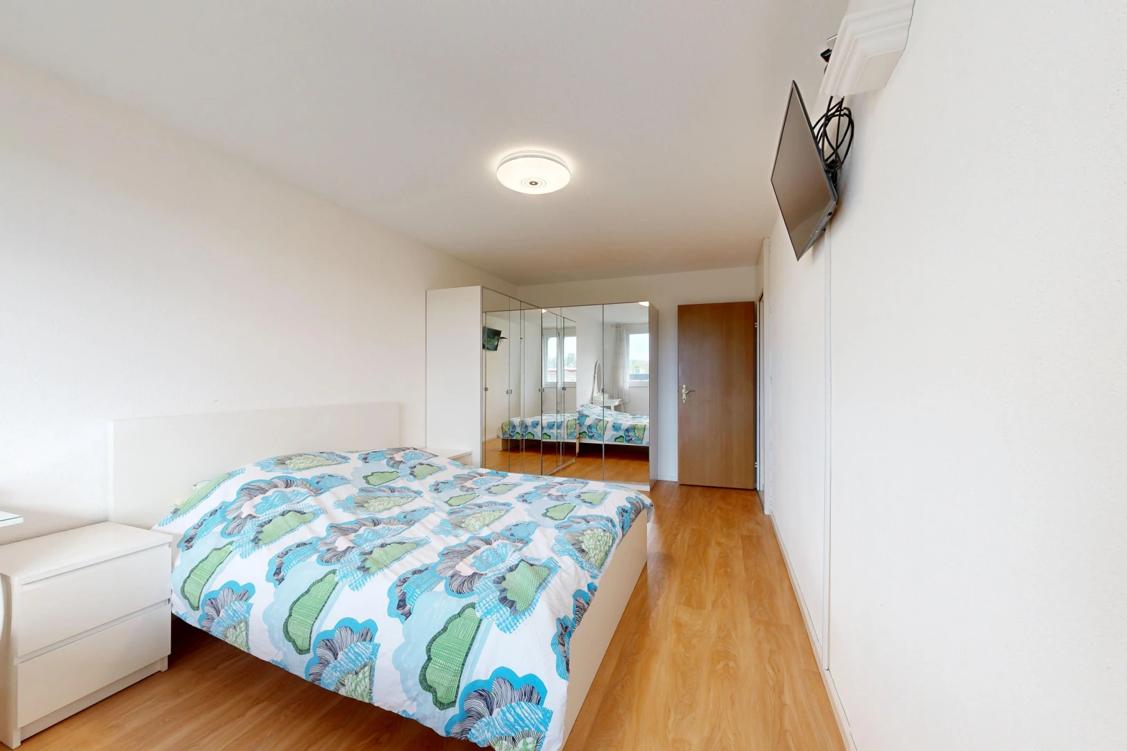zimmer / schlafzimmer mit kleiderschrank, fernseher, drywall, gipskartonwand, und wood finish floor
