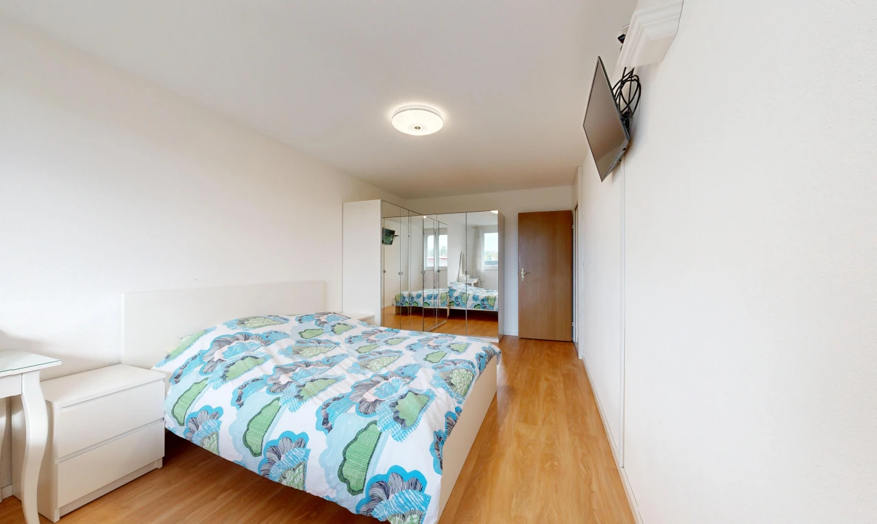 zimmer / schlafzimmer mit kleiderschrank, fernseher, drywall, gipskartonwand, und wood finish floor