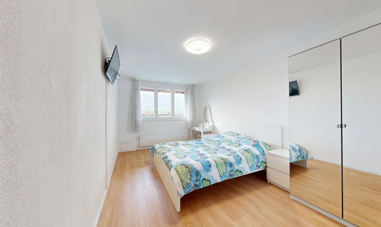zimmer / schlafzimmer mit kleiderschrank, wood finish floor, holzfußboden, fernseher, und light floor