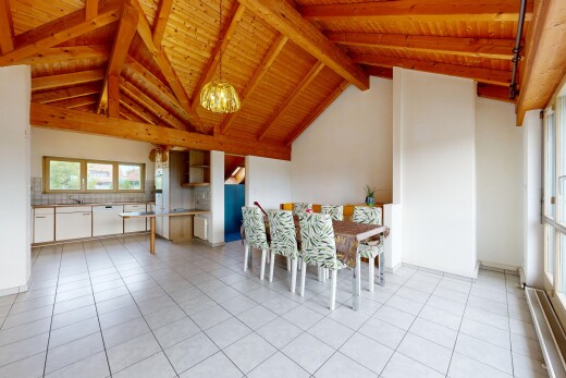 esszimmer mit dachschräge, vaulted ceiling, kathedralendecke, cathedral ceiling, und hohe decke